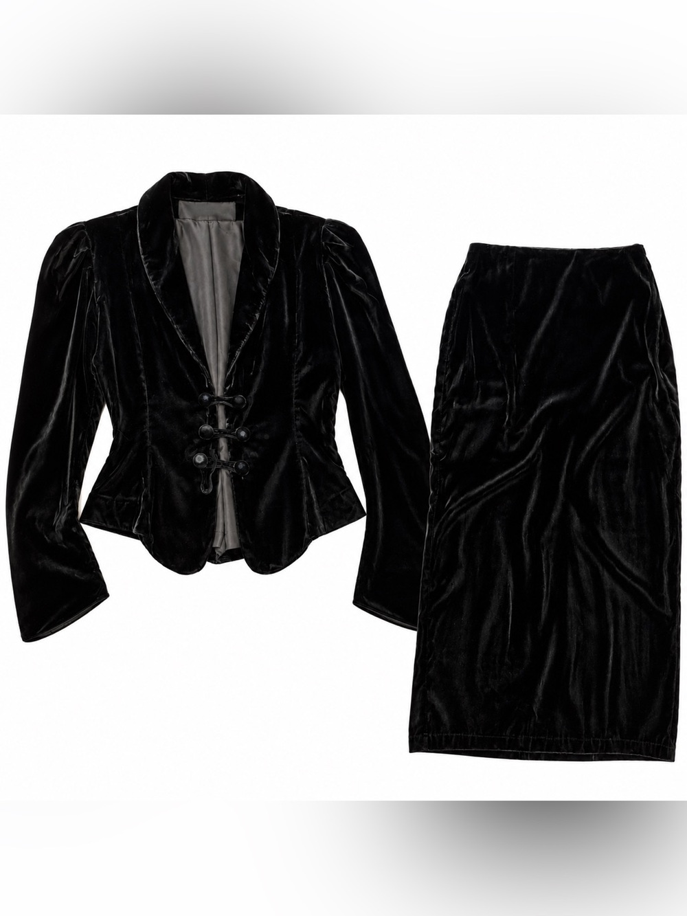 Vintage Norma Kamali Black Velvet Skirt Suit Blazer Set Made USA Old Money